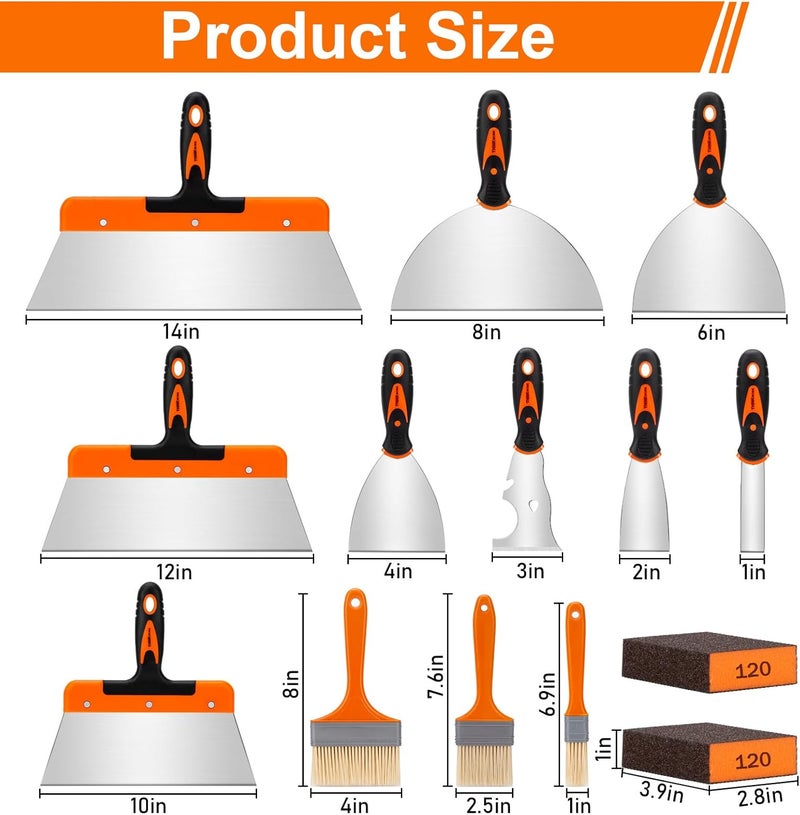 THINKWORK Putty Knife Set - 14Pcs Stainless Steel Paint Scraper Tools, Drywall Knife Set for Removing Wallpaper, Repairing Drywall, Applying Putty, Taping, Scraping Plaster, Cement, Adhesive - Image 2